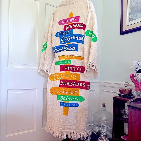 Colorful Caribbean Signpost Kimono Robe Cotton Natural Sash Belt Loops Handmade - Picture 3 of 14